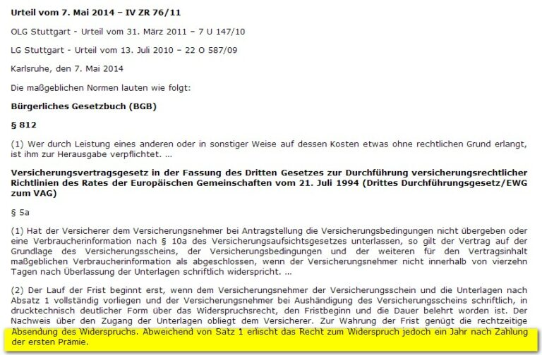 Widerruf Lebensversicherung GeldzurückUrteil für Millionen (IV ZR 76