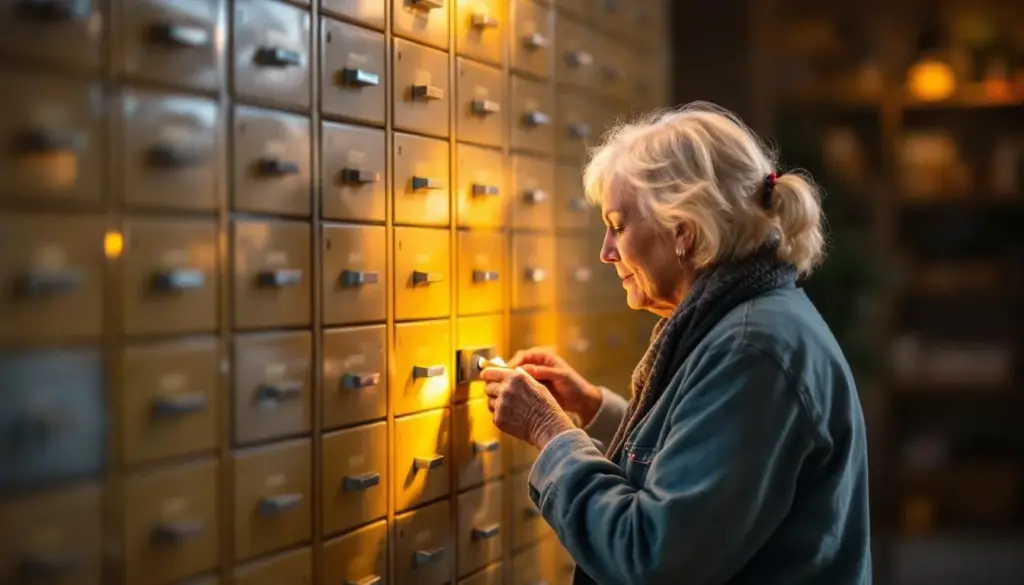 Eine Frau steckt etwas in ein Bankschließfach
