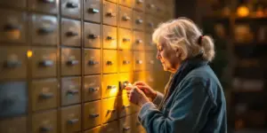 Eine Frau steckt etwas in ein Bankschließfach