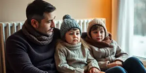 A photo of a family sitting in front of a heating, apparently freezing